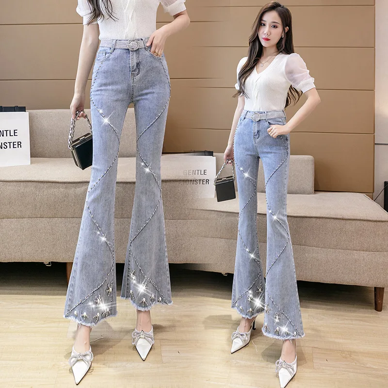 

Индивидуальные тяжелые Промышленные джинсовые брюки с бусинами женские брюки 2022 корейские длинные джинсы с высокой талией