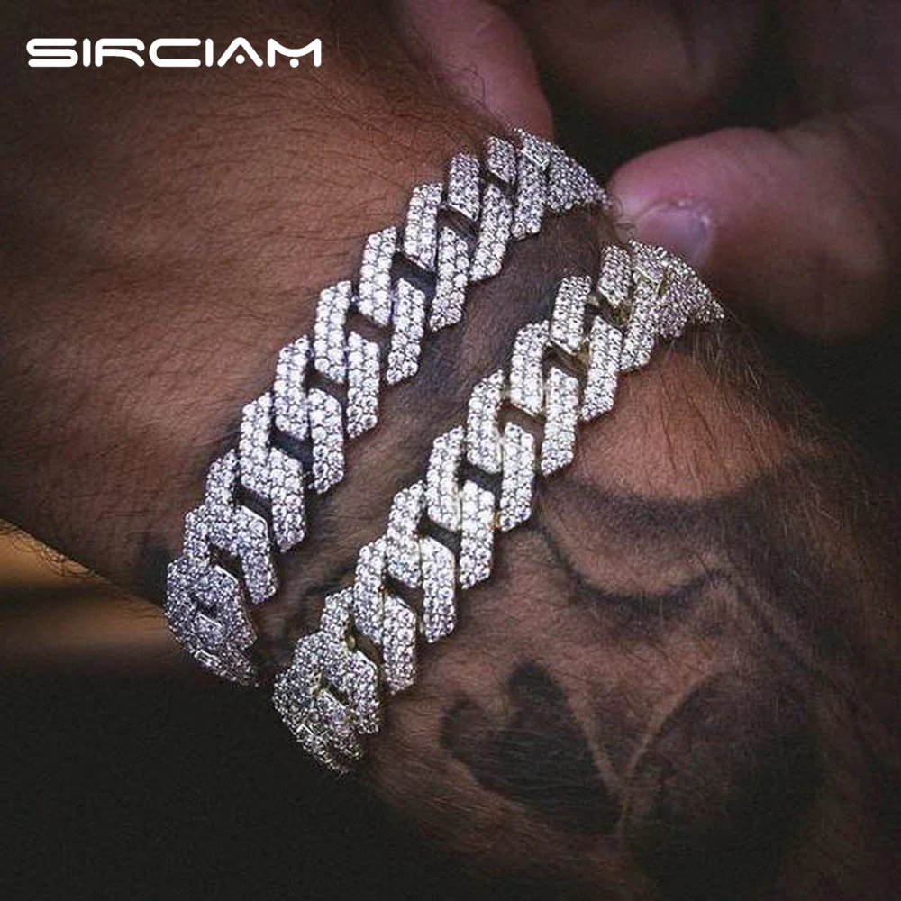 

Iced Out 2 Row Rhinestones Paved Cuban Chain High Quality 14MM Prong Cuban Link Chain Men's Bracelet Punk Hip Hop Jewelry Trendy