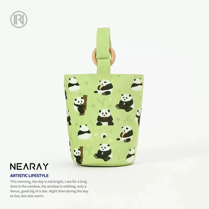 Kawai Handheld Carry Bags, Canvas Bucket Bags, Cute Panda Portable Cosmetics Snacks Bags, Daily Commute Diaper Bottle Kids Bag