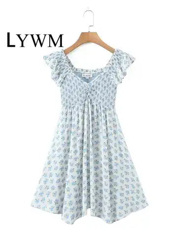 LYWM Women Fashion Printed Folds Mini Dress V-Necfk Short Sleeves Female Chic Lady Vintage Short Dress