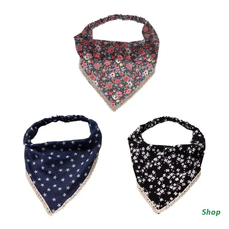 

L5YC Lovely Lace Turban Bandana Floral Printing Head Wrap Triangle Head Kerchief