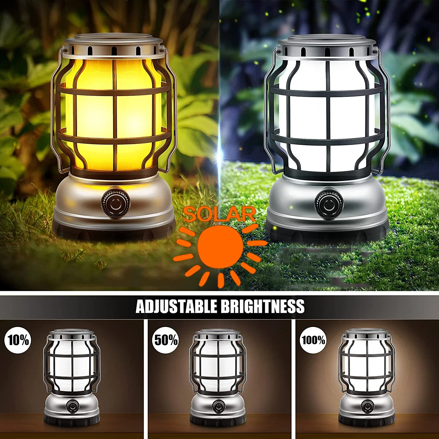 Solar Waterproof Camping Lantern Rechargeable Camping Light withPower Bank Flickering Flame LED Light Hook Emergency Tent Lamp