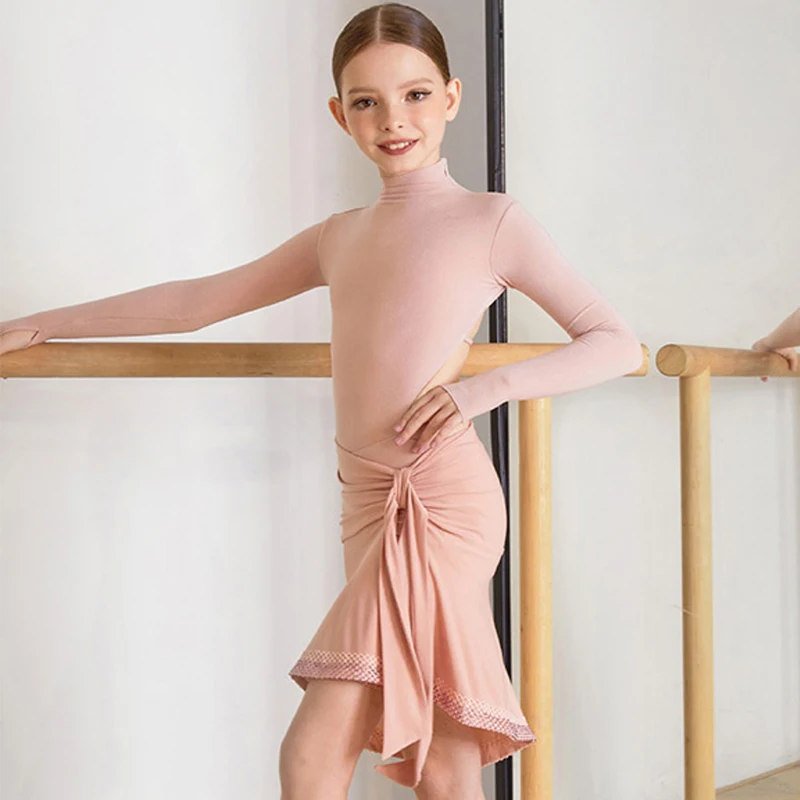 Костюм для латинских танцев девочек топы с высоким воротником и длинными