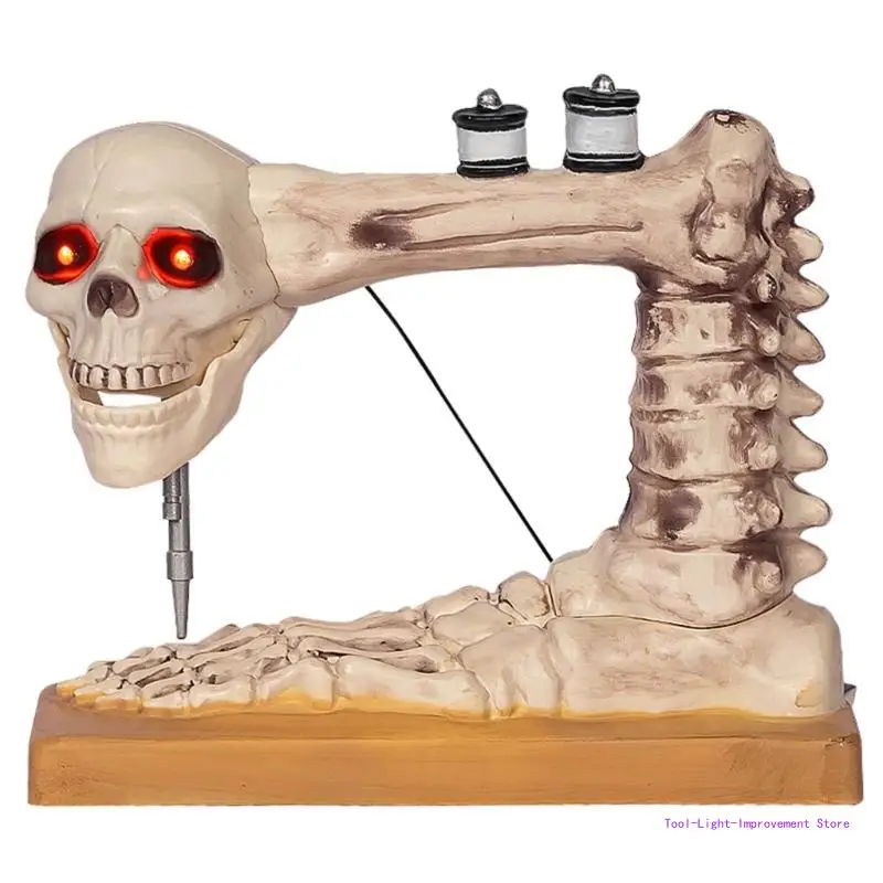 

C63E Spooky Sound Responsive Skeleton Sewing Machine Figurine for Haunted Scene