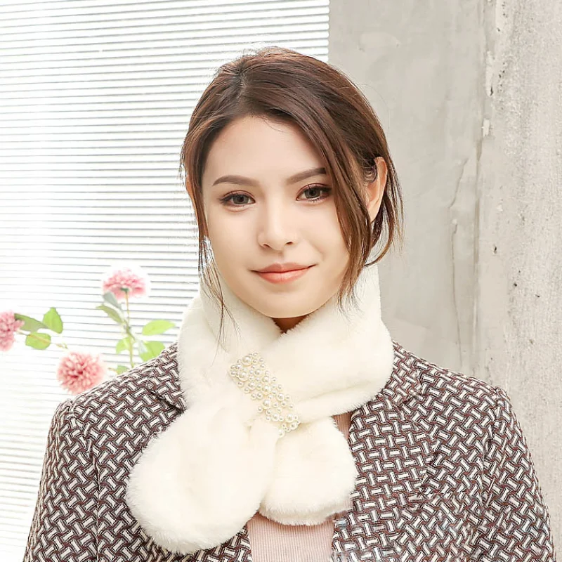 

Winter Scarf Women Luxury Pearl Neck Collar Faux Fur Scarf Warmth Thickened Plush Pearl Buckle Foulard Cachecol Feminino Inverno