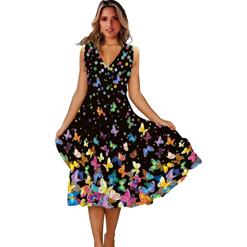 

3D Butterfly Print Dress 2022 New Sleeveless Dress Women's Casual Printed Big Swing Bohemian Beach Long Dresses Femme Robe