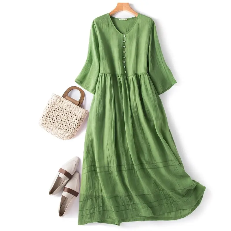 

Half Short Sleeve Women Dress A-LINE O-Neck Loose Waist Draw String Mid-calf Lady Casual Summer Elegant Pullover Vestidos M368