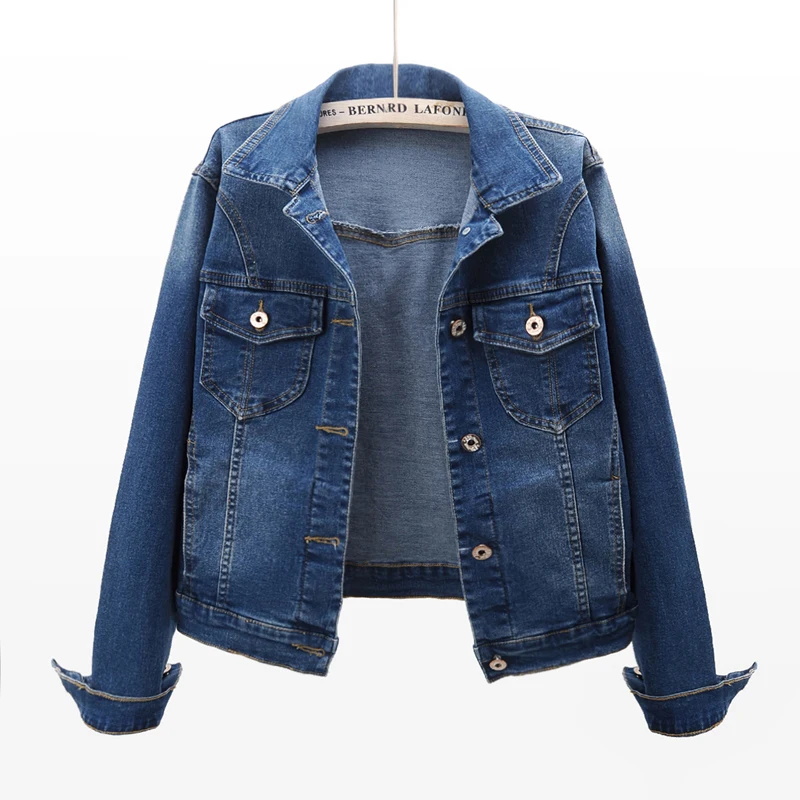 

Korean Elasticity Slim Short Denim Jacket Women Vintage Dark Blue Outerwear Spring Autumn Long Sleeve Jeans Jacket Coat Female