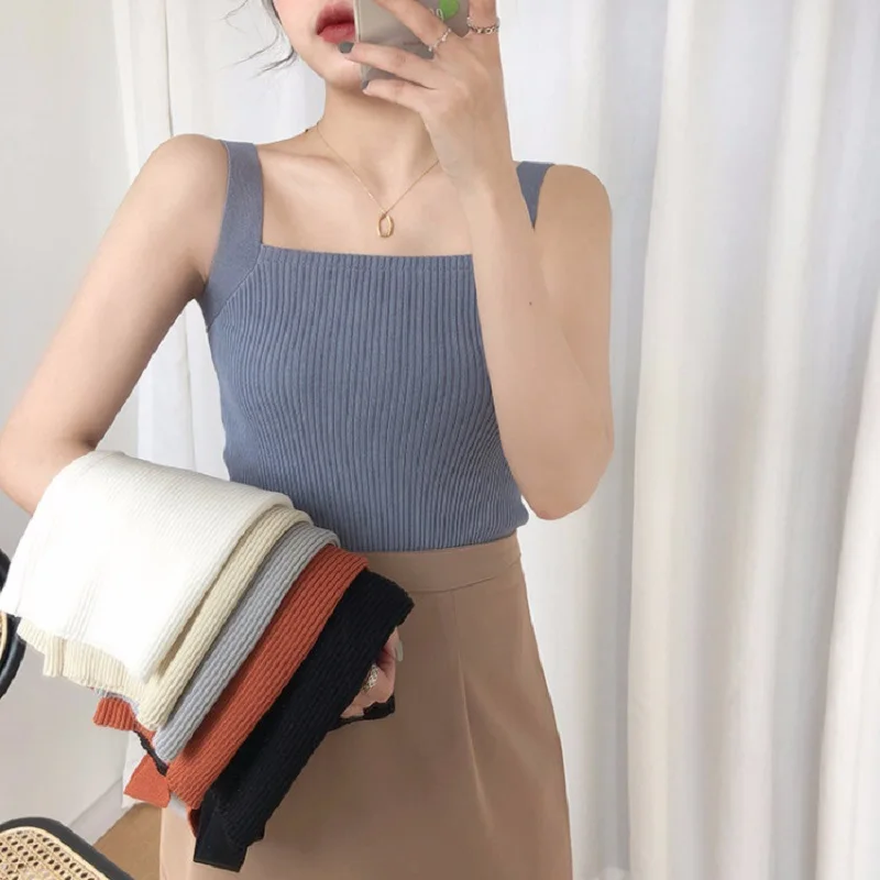 

Korean Fashion sleeveless Summer T Shirt Clothes for Women White Black T-shirts Crop Top Casual Streetwear Knitting Ropa Mujer