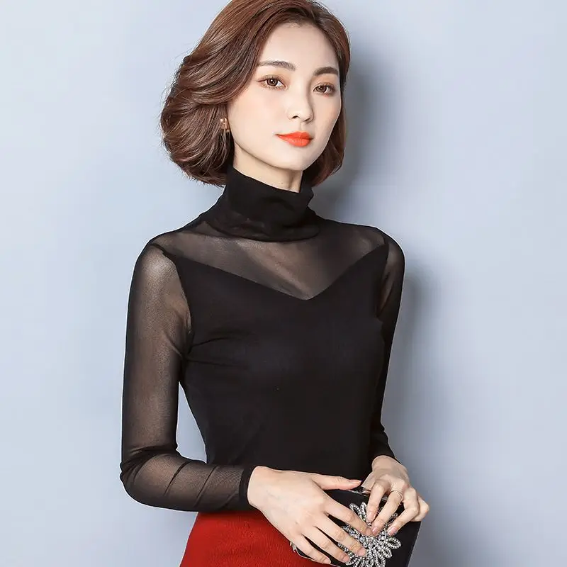 

2023 Plain Top for Women Turtleneck Mesh Lace Tshirt Slim Woman T-shirt Sexy Pulovers Korean Style Old Clothing Novelties O Tee