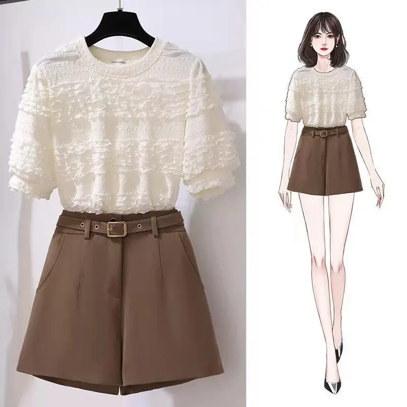 

2022 Summer Women's New Shorts Suits Female O-neck Solid Color Blouse Tops + Loose Wide Leg Shorts Ladies Two-piece Sets Q149
