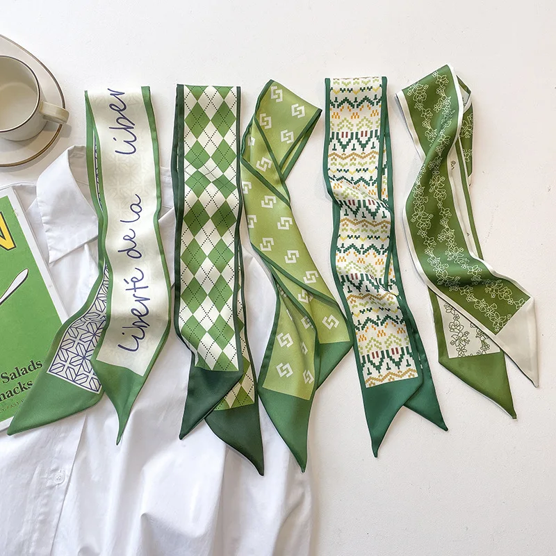 Маленький шелковый шарф зеленого цвета женская тонкая узкая лента для волос на