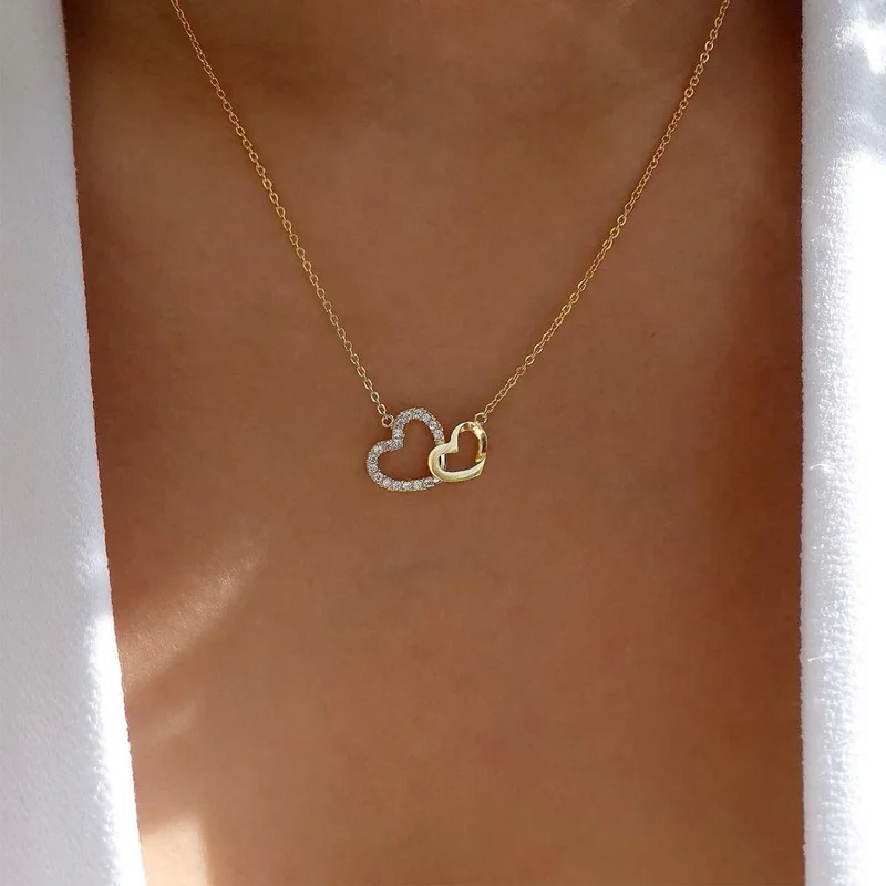 

Fashion Double Heart Shape Zircon Pendant Necklace Lucky Trendy Crystal Women Girl Clavicle Choker Necklace Jewelry Gift