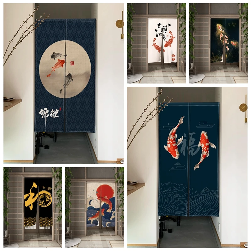 

Japanese Split Door Curtain Chinese Koi Printed Partition Kitchen Hanging Short Curtain Bedroom Restaurant Entrance Decor Drapes