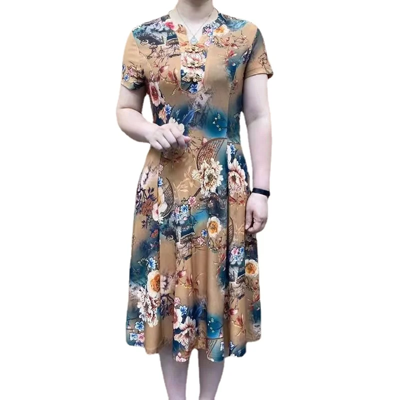 

2023 Summer New Qipao Dress Women's Mid length V-neck Large Covering Belly Show Thin Temperament Dress