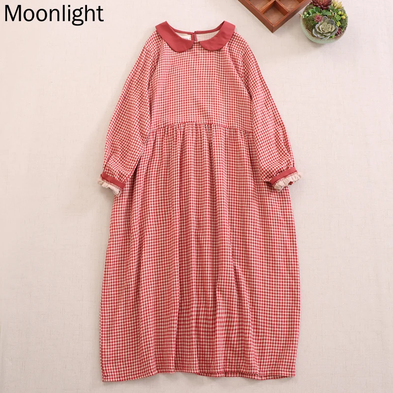 

Vintage Mori Girl Plaid Dresses For Women Japanese Kawaii Sweet Peter Pan Collar Long-Sleeved Dress Korean Loose Female Vestido