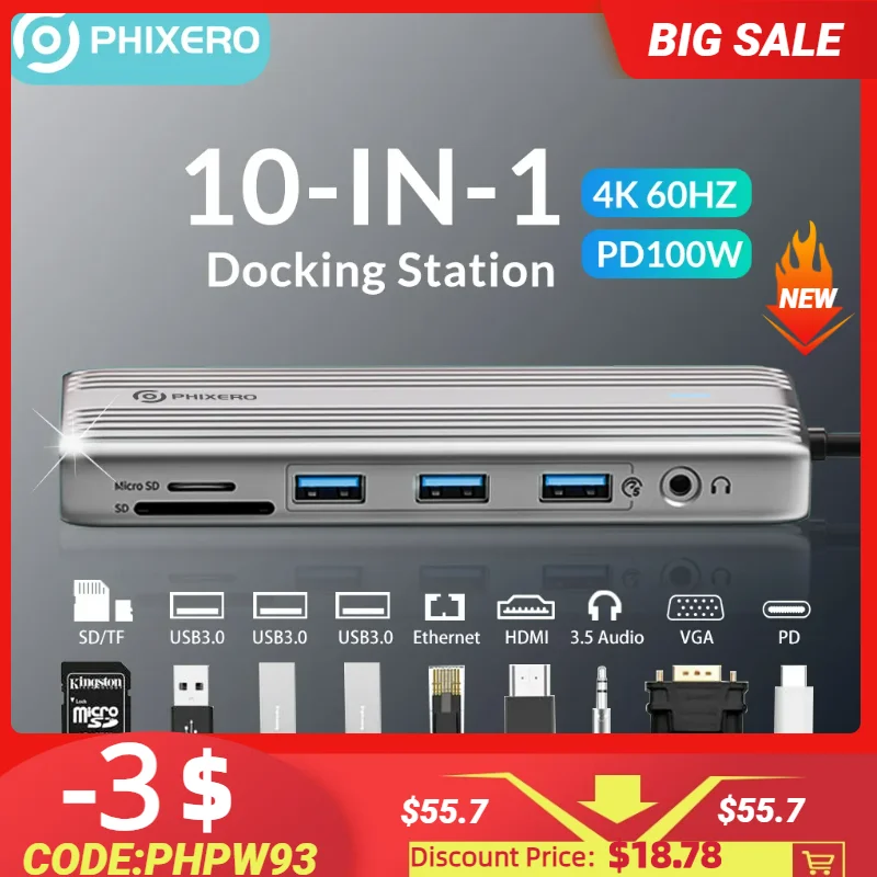 

PHIXERO 10 in 1 USB C HUB 4K 60HZ Type C HDMI-Compatible Docking Station RJ45 Gigabit Ethernet PD100W Charge For Mac PC Laptop