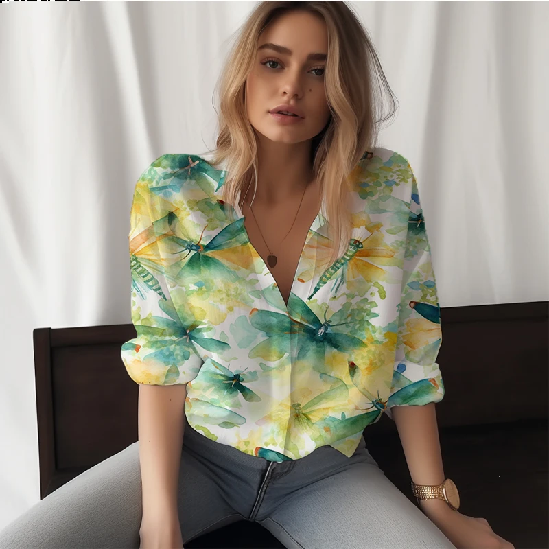 

Summer new ladies shirt dragonfly 3D printed lady shirt casual style women's shirt fashion trendy loose lady shirt