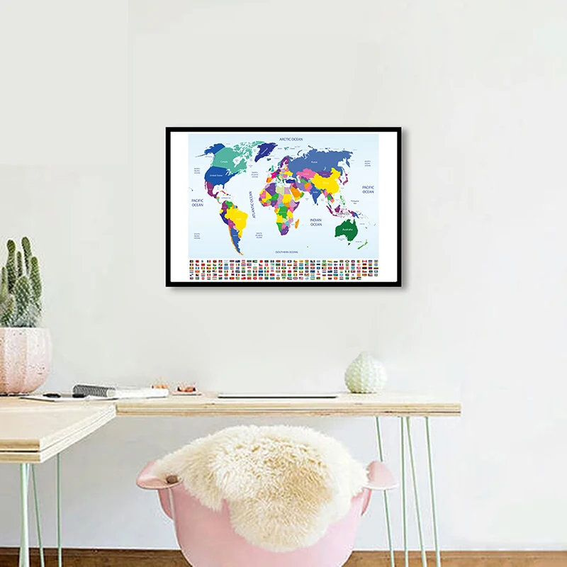 

84*59cm The World Map with National Flags Canvas Painting Retro Wall Art Poster Living Room Classroom Home Decor School Supplies