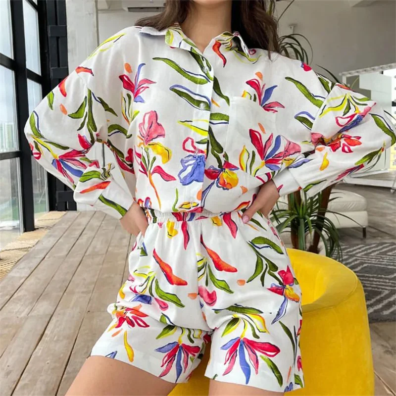 Hirigin женские шорты из 2 предметов рубашки с длинными рукавами и принтом