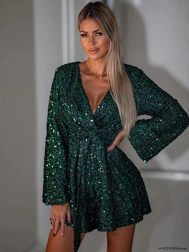 

Женский сексуальный комбинезон с длинным рукавом и глубоким V-образным вырезом, элегантные блестящие комбинезоны, брюки с широкими штанинами, комбинезон, женский клубный комбинезон