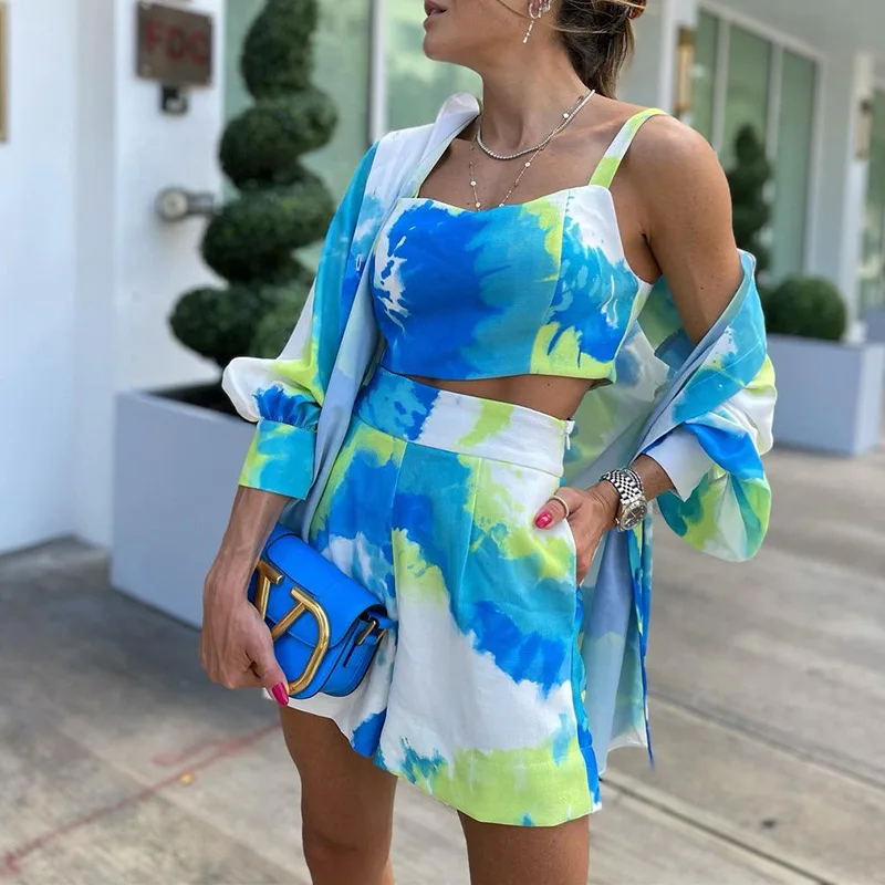 

Women Tracksuits Shirt With Mini Shorts Camis Colorful Tie-dye Print 3 Pieces Sets Casual Clothing Outfits Women Blouses Fashion