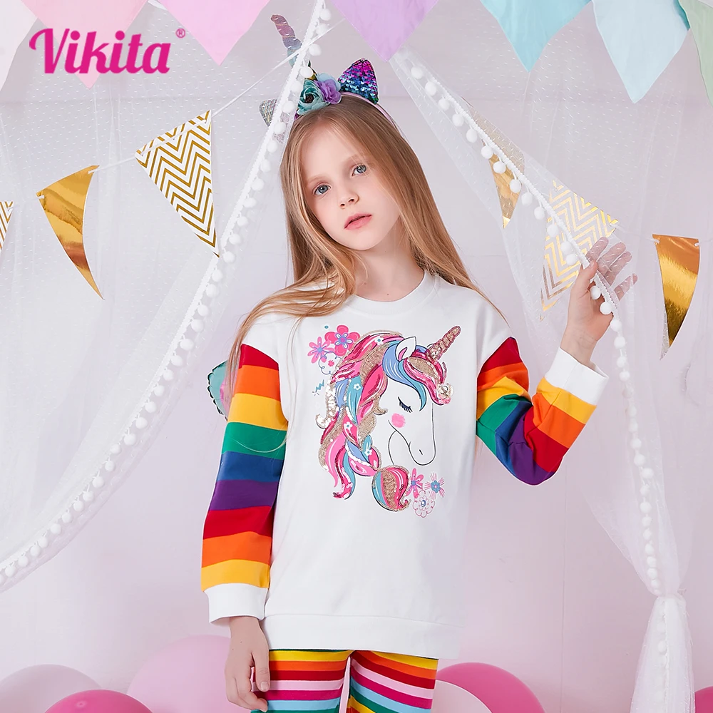 Фото VIKITA/Осенне-весенний свитшот для девочек, детский хлопковый повседневный топ с блестками и цветочной аппликацией в радужную полоску и круглым вырезом, костюмы №1