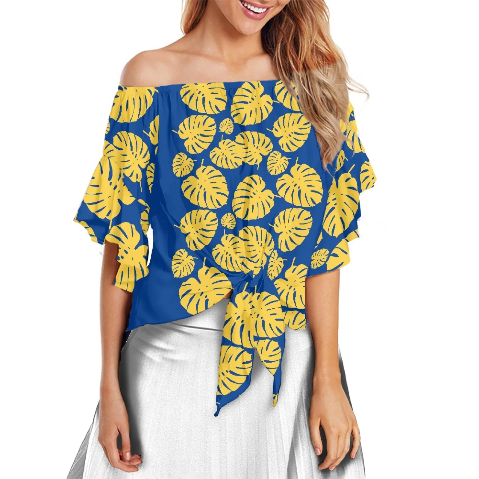 

Polynesia Tribe Off Shoulder Tops 100% Polyester Women Shirt Flare Sleeve Retro Style Luxury Design Hibiscus Printing Blouses