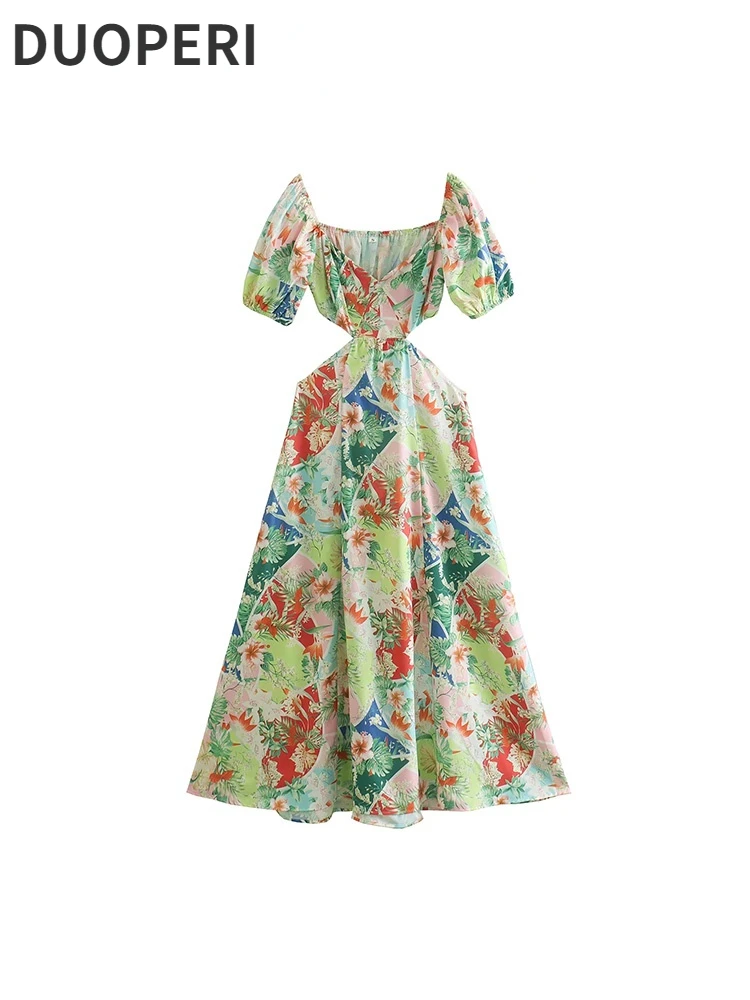 

DUOPERI Women Fashion Floral Printed Backless Hollow Out Maxi Dress Short Puff Sleeve V-Neck Female Chic Lady Vintage Long Dress