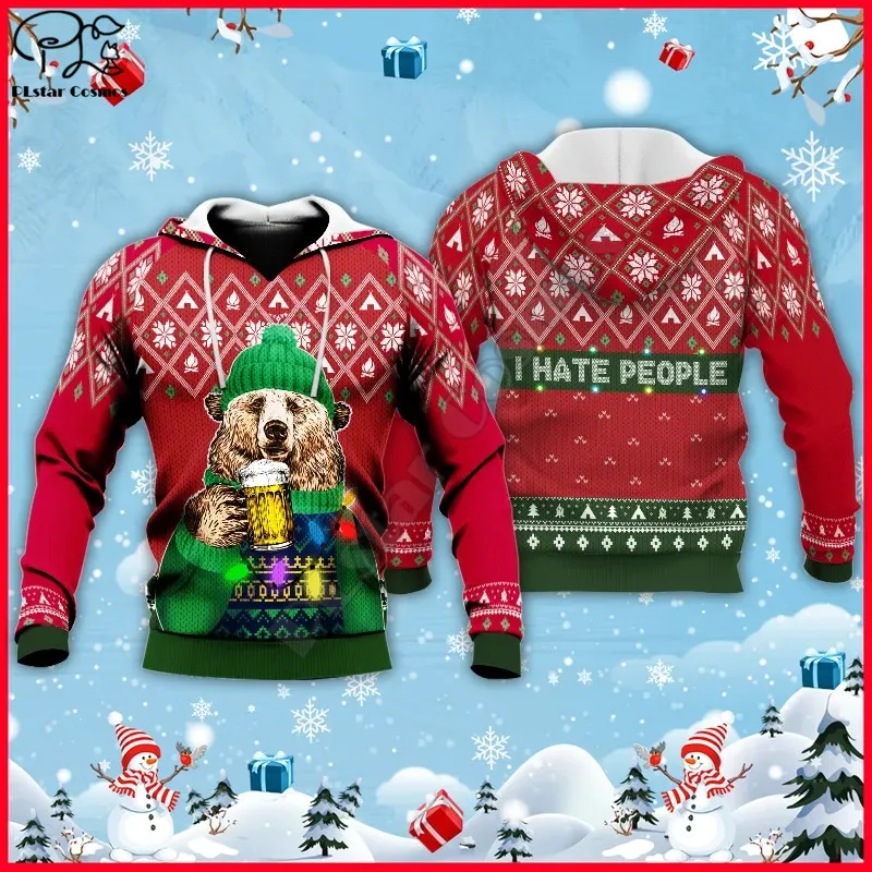 3D Printed Christmas Bear I Hate People Light Up Camping Knitting Pattern Streetwear Unisex Casual Hoodies/Sweatshirt/Zip images - 4