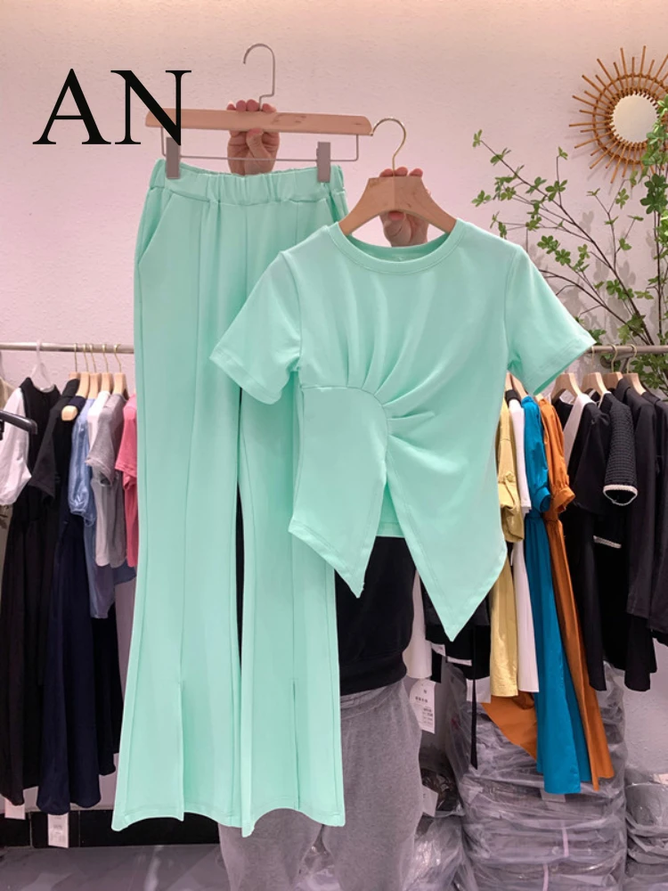 Новый Повседневный брючный костюм с разрезом новая облегающая короткая футболка