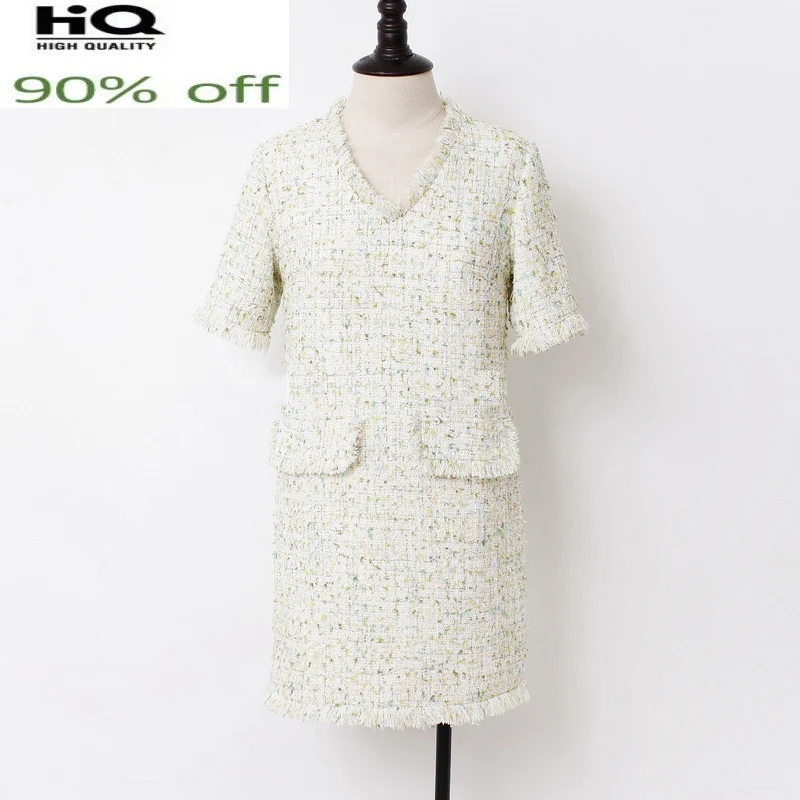 

Elegant Tweed Holiday Autumn and Winter Women's Light Green One-Piece Ladies Dress