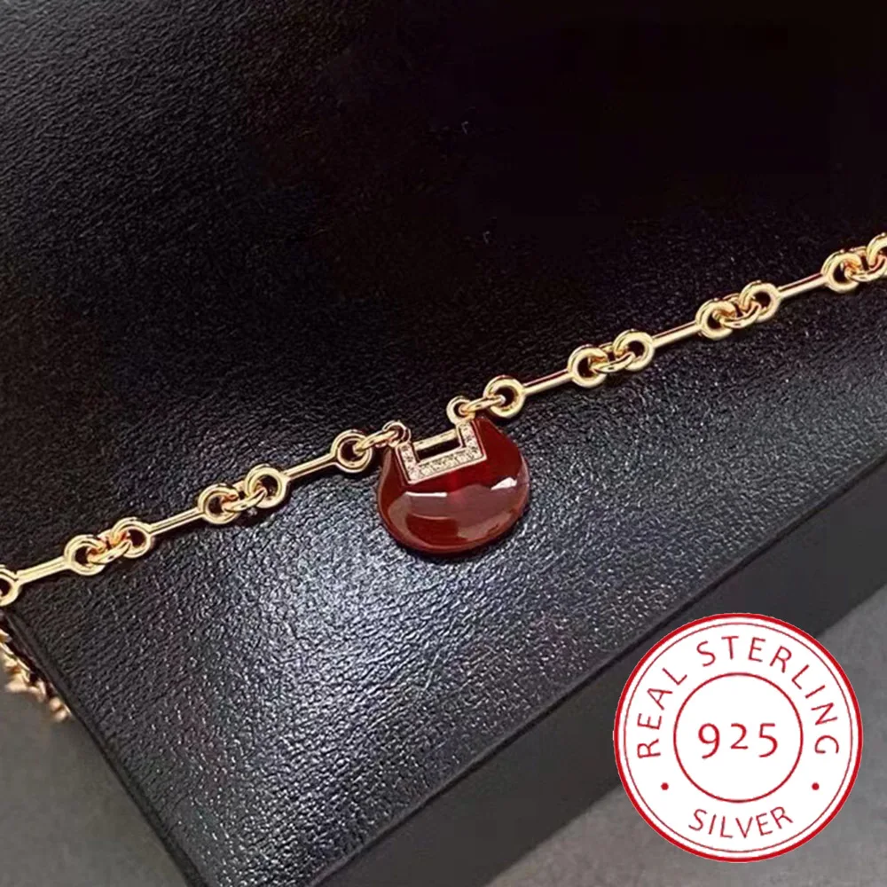 

Quality Luxury 925 Sterling Silver Natural Reiki Spiritual Jade Carnelian Lock Bracelet Chain For Women Amulets Mascot Bangle