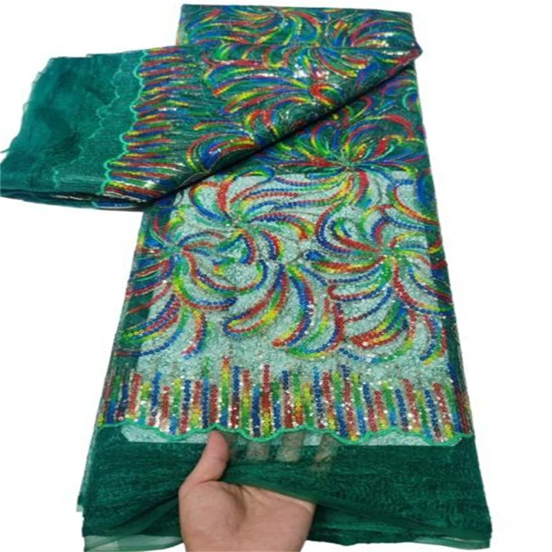 

Large green Sequence African Lace Fabric 5 Yards High Quality Sequin Nigerian Wedding Asoebi Lace Material Luxury Fabrics
