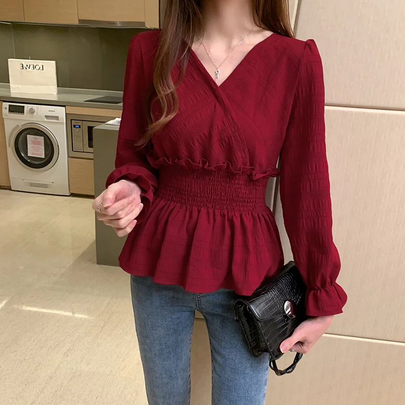 

#7269 черная красная блузка с оборками и длинным рукавом, Женская пикантная шифоновая короткая блузка с V-образным вырезом и эластичной талией...