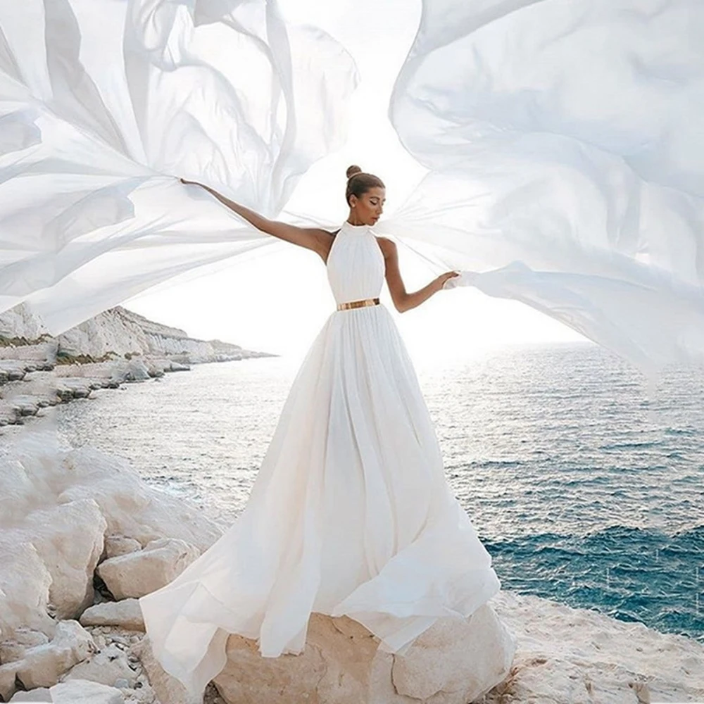 

POMUSE High Neck Wedding Dresses A-Line Floor Length Chiffon Country Wedding Bride Gowns Custom Made Vestido De Novia for Women