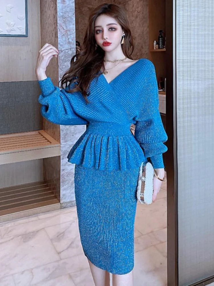 Элегантные трикотажные комплекты из 2 предметов корейский трикотаж сексуальный