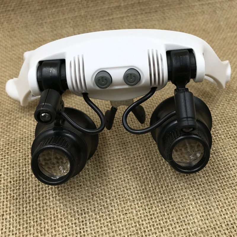 E5BE 10X 15X 20X 25X Headband Magnifier Double Eyes Glass Jeweler Loupe with LED Lights 4 Replaceable Lens for Jeweler Watch