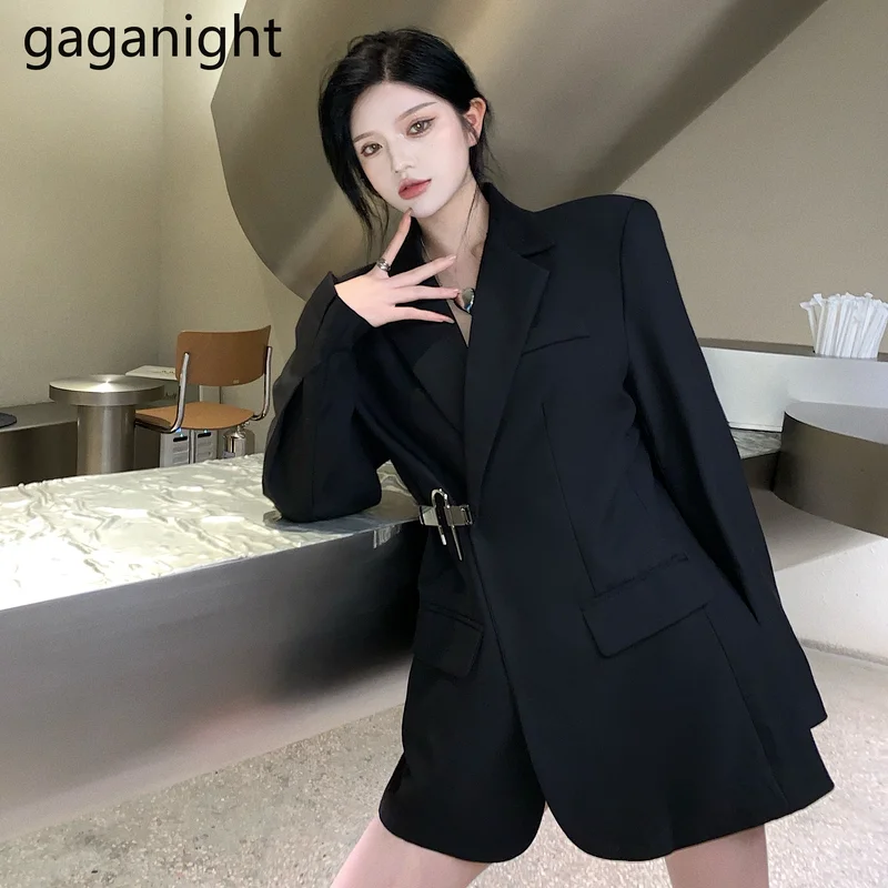 

Gaganight, Женский блейзер, весна-осень 2021, новый корейский шикарный черный высококлассный костюм, темпераментный кружевной топ средней длины с ...