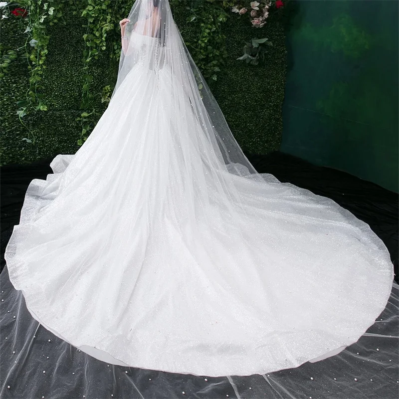

Manual bead nailing Exquisite and luxurious Overlength style Wedding veil bride Faux Pearl Decor Bridal Veil