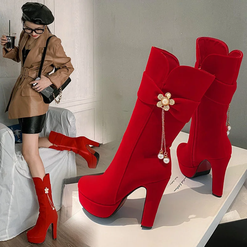 

Autumn and Winter 00 New Boots Women's Thick High Heels Waterproof Platform Boots Sweet Fashion Red Martin Boots Women's