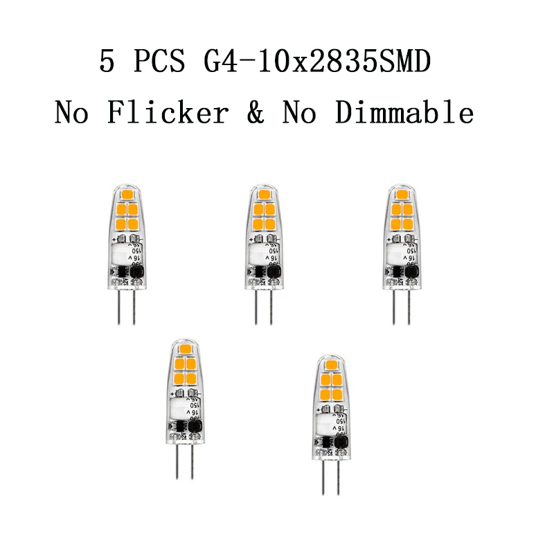 5 Pcs High Quality G4 Led ACDC 12V Crystal Bulb No Flicker & No Dimmable LED Lamp Household Light Bulb 10x2835SMD Lamp Bead