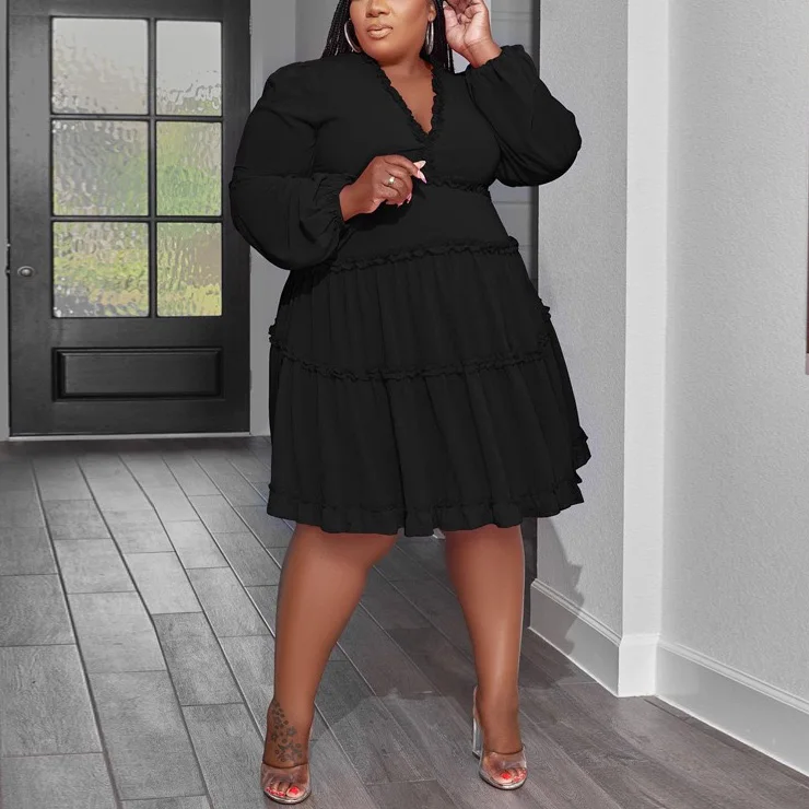 4XL 5XL Plus Size Dresses for Women Large Solid Full Sleeve V Neck High Waisted Elegant Evening Party Dinner Vestidos Mujer Big
