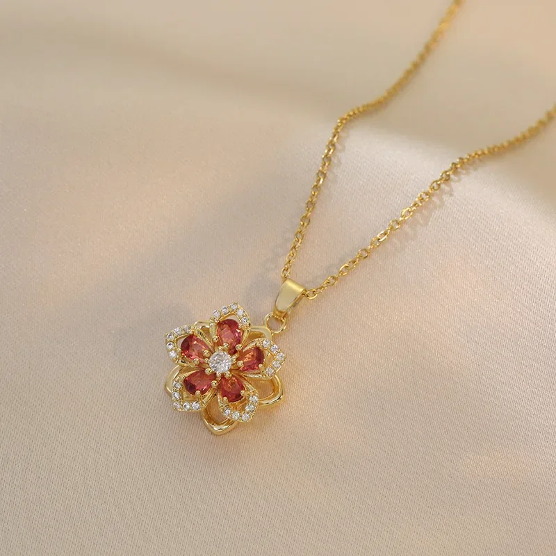 Women's Luxury Titanium Steel Necklace Elegant Pendant Niche Light New Design Sensibility Colorful Zirconia Flower |