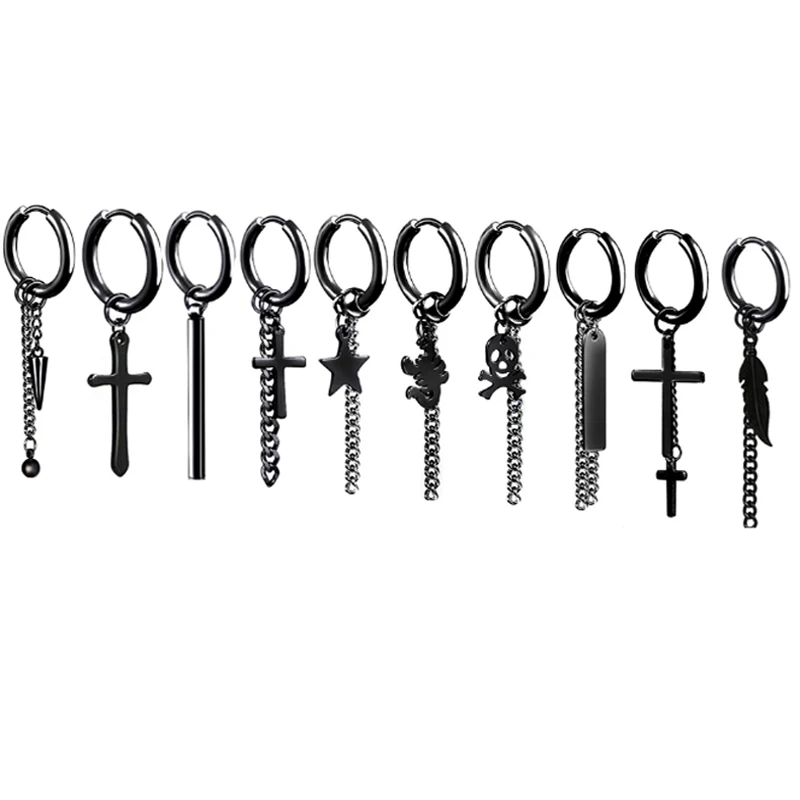 

Серьги из нержавеющей стали и титана для мужчин и женщин, Ювелирное Украшение с черным крестом и перьями в стиле рок-поп