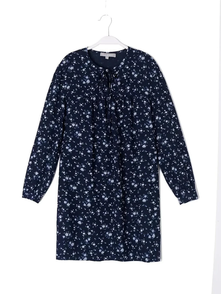 

Women Long Sleeve Floral Print Dress Lace Up V-neck Dark Blue Mini Dresses