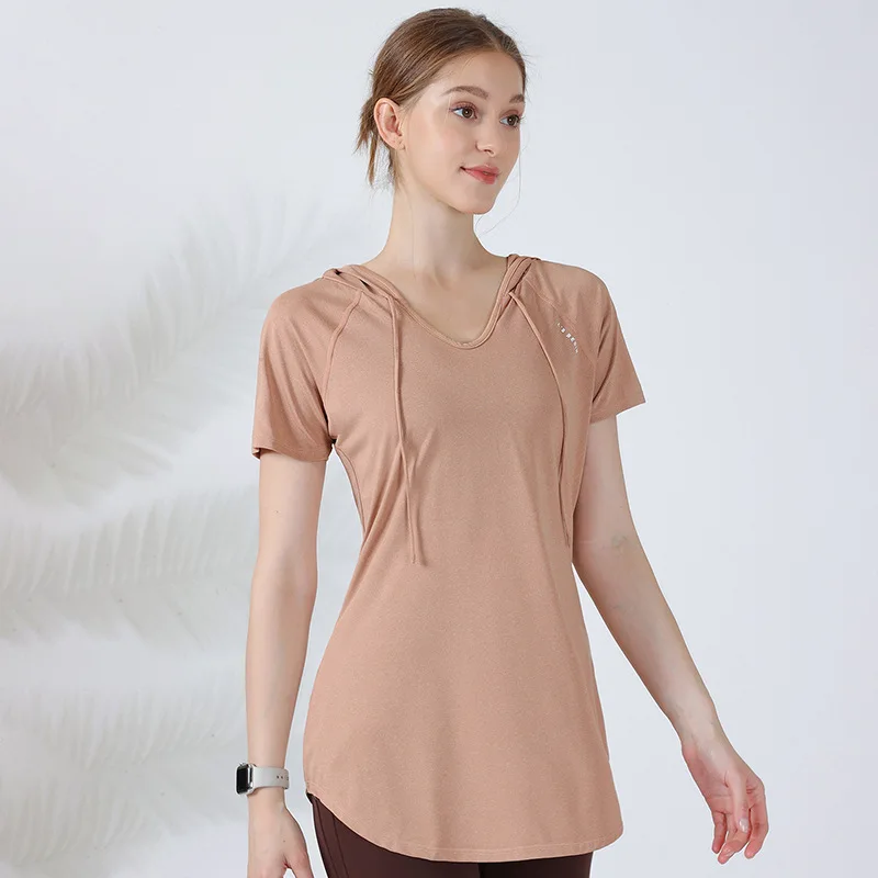 Summer Women Sport Hoodies Loose Yoga Shirts Short Sleeve Running T-Shirt Oversized Gym Fitness Hooded Tops Quick Dry Tee Blouse
