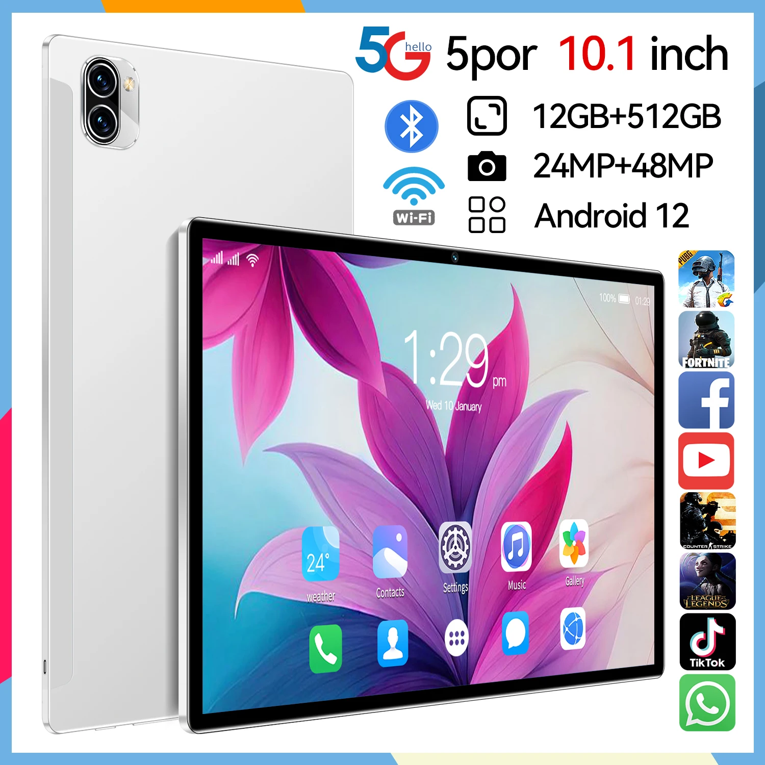 

Global Firmware 5 Pro Android 12 Tablet 10 Inch Tablet 12GB +512GB Tablete 8000mAh Dual Sim Tablet PC