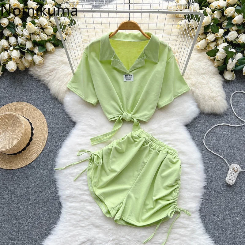 

Nomikuma Two Piece Sets Womens Outifits Drawstring Turn Down Collar Simple Conjunto Femenino Fashion Casual Short Sets for Women