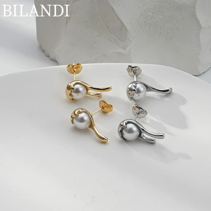 

Bilandi Women Jewelry Pearl Earring 2022 New Trend Geometric Golden Silvery Asymmetrical Stud Earrings For Women Accessories